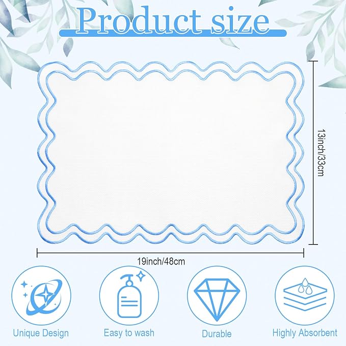 HunnmingRe White with Blue Set of 6 Cotton Linen Wedding Placemats, 13x19 Inch Scalloped Wavy Embroidery Placemat Double Layered Washable Rustic Rectangle Dinner Table Mat for Home Decor