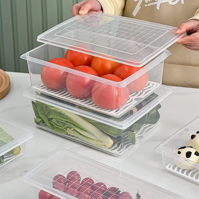 4PCS Food Storage Container, Plastic Food Containers X-Large | [With Removable Drain Plate and Lid], [Stackable Portable Freezer Storage Containers]-Tray to Keep Fruits, Vegetables, Meat