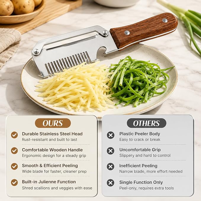 Multifunctional Vegetable Peeler,Carrot Fruit and Potato Peeler Knife, Easy-Clean Heavy Duty Stainless Steel 3-In-1 Kitchen Gadgets with Scallion Shredder and Bottle Opener, 2 Pack