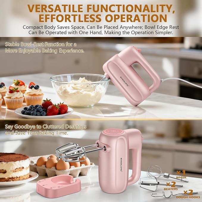 BAIGELONG Hand Electric Mixer, 5-Speed KitchenMixer with 5 * 304 Stainless Steel Attachments + Storage Base, Food Handheld Mixer for Baking, Whipping Cream, Cake Mixing, Pink