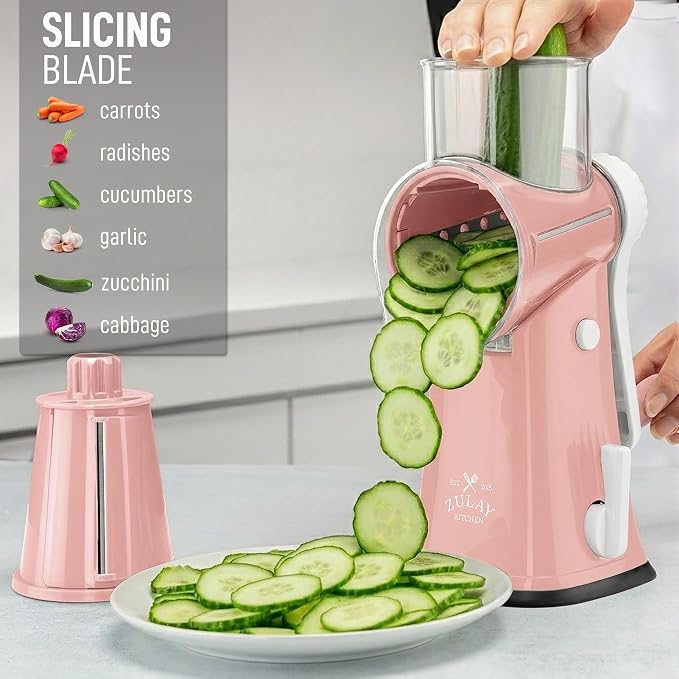 Zulay Kitchen Rotary Cheese Grater 5 Blade Cheese Shredder - Manual Hand Crank Cheese Grater With Reinforced Suction & 5 Interchangeable Drums - Easy to Use, Vegetable Chopper Round Mandoline Slicer