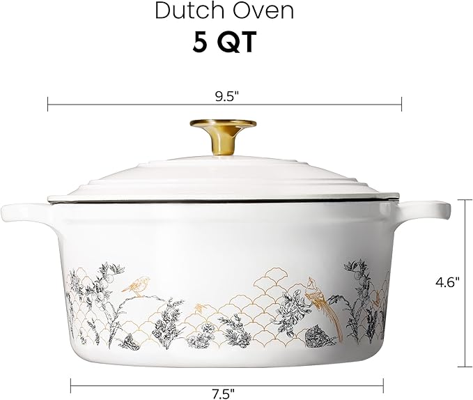 CAROTE Cast Iron Dutch Oven Pot with Lid, 5QT Enameled Floral Dutch Ovens with Gift Box, Cast Iron Pot for Sourdough Bread Baking, Braising, Stews, Roasting, All Stovetop Compatible, Oven Safe, White
