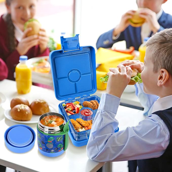 Pawtong Bento Lunch Box Set With 10oz Soup Thermo, Leak-proof Lunch Containers with 4 Compartment, Kids Hot Thermo Food Jar/Insulation Lunch Bag, Food Containers for School（Dinosaur）