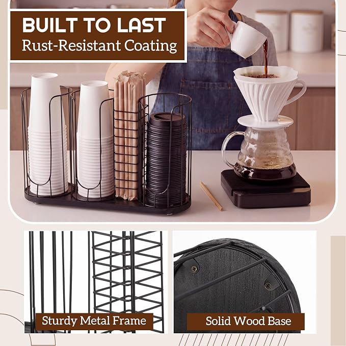 18oz Adjustable Coffee Cup Dispenser with Wooden Base, Cup and Lid Holder, Cups Holder Organizer for Coffee Pod Straw and Lid Storage(4-compartment Single,Color 7)
