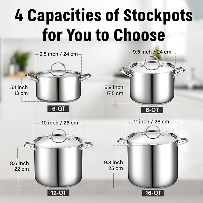 Cooks Standard Large Stainless Steel Cooking Pot - Heavy Duty Handles | 12 Quart Stainless Steel Stock Pot with Lid, Deep Big Cookware for Seafood Boils, Corn, Stews, and Large Family Gatherings