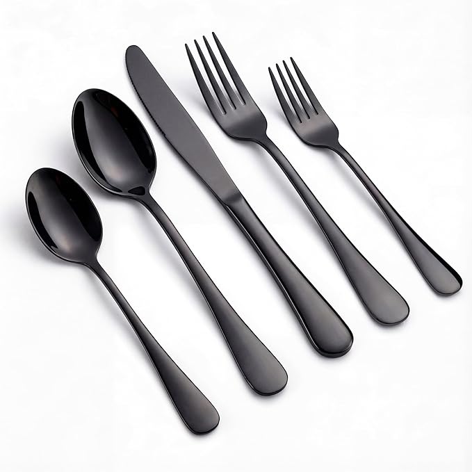 LIANYU 20 Piece Black Silverware Set, Stainless Steel Flatware Cutlery Set | Service for 4, Mirror Finish, Dishwasher Safe