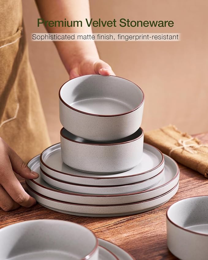 Famiware Nebula Ridge 16-Piece Dinnerware Set with Pasta Bowls, Light Gray | Stoneware Plates and Bowls for 4, Warm Hand-Painted Rims, Microwave and Dishwasher Safe
