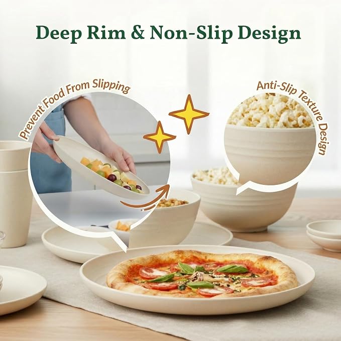 Wheat Straw Dinnerware Sets 40 PCS Plates and Bowls Sets with Cup Set and Dipping Bowls, Unbreakable Camping Dishes Microwave and Dishwasher Safe Dinnerware Set for Dinner, Outdoor (Beige)