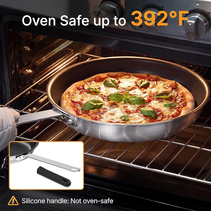 NEWBULIG Nonstick Frying Pan, 14" Heavy-Gauge Aluminum Skillet with Ceramic Nonstick Coating & Stainless Steel Base for Induction, Electric, Gas, Oven Safe, Black Hanging Handle | Aluminum body even heating, steel handle silicone grip, oven safe 392°F ...