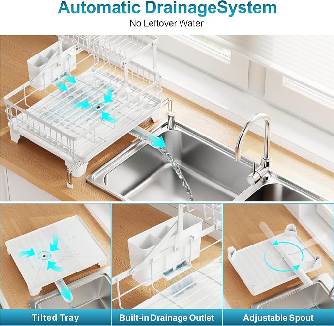 Large Expandable 2 Tier Dish Drying Rack - Over Sink & Counter Use | Extendable Drying Space, Auto-Drain Spout, Stable Screw-Fixed Frame, Cup & Utensil Holder, Rust-Resistant Kitchen Rack, White