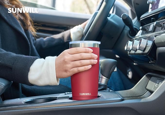 SUNWILL Travel Coffee Tumbler 20 oz, Insulated Mug with Lid, Stainless Steel Cup for Hot and Cold Drinks, Powder Coated Wine Red
