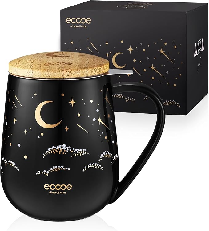 ecooe Tea Infuser Mug 20.3oz Ceramic Tea Cup with Removable Stainless Steel Infuser and Lid, 600ml Tea Mug for Loose Leaf Tea Coffee Milk, Gifts for Women Parents Friends Office Home (Black) | 600ML Large Capacity, with Stainless Steel Infuser/Lid, for...