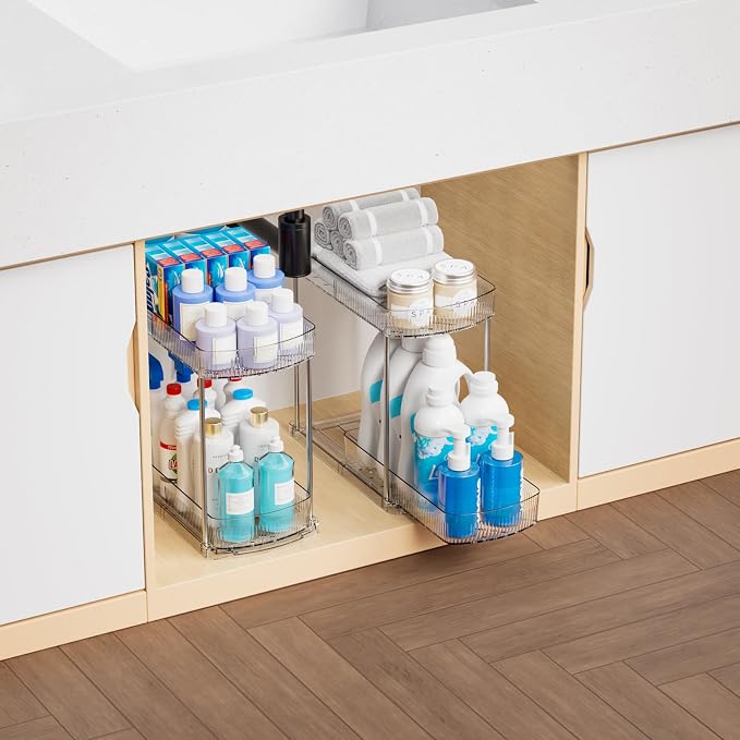 4 Pack Large Pull Out Bathroom Organizers and Storage,2 Tier 12.8″ Tall Sliding Kitchen Under Sink Organizer for Cleaning Products Storage,Acrylic Clear Bathroom inder Sink Organizer,Undersink Storage