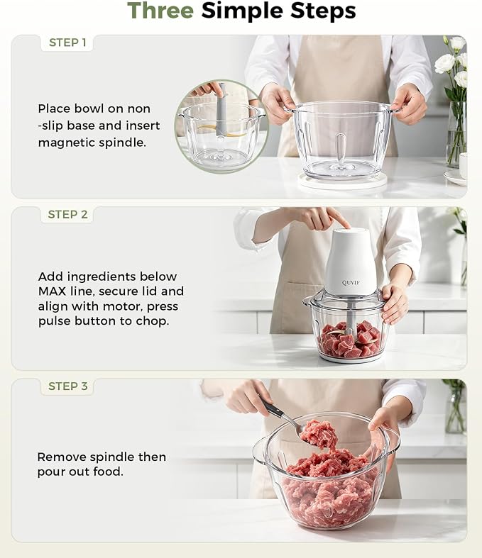 Food Processor Electric Food Chopper Meat Grinder, Easy-Clean, 5-Cup | Vegetable chopper with magnetic spindle&serrated blades&glass bowl,power copper motor, for veggies/baby food and ice(White)