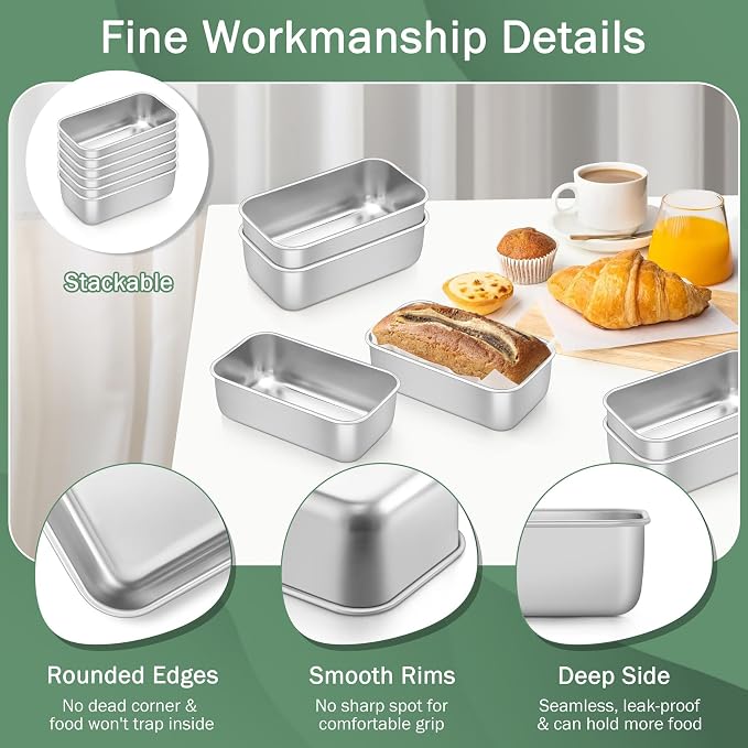 TeamFar Mini Loaf Pan, 6 PCS Stainless Steel Loaf Pans for Baking Bread | 6.3 x 3.5 Inch Bread Baking Pan for Homemade Bread, Meatloaf, Cake and Brownies, Non-Toxic, Oven & Dishwasher Safe