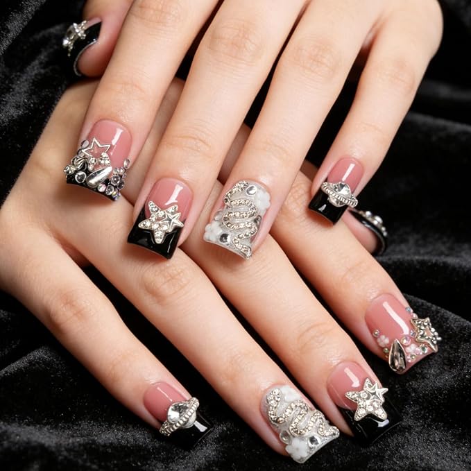 Handmade Press on Nails 3D Flower Nail Art Fake Nails Luxury Handmade Rhinestone & Stars Black French Tip Short Duck Acrylic Nail with Flower Design Thicked Stick on Nail for Women (M)