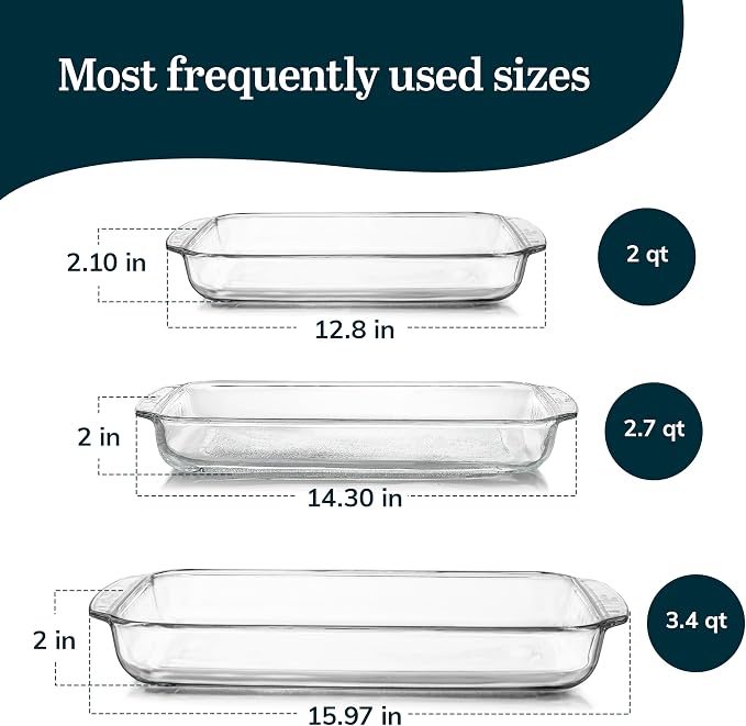 Libbey Baker's Basics 3-Piece Rectangular Glass Casserole Baking Dish Set, Clear, 2 Qt, 2.7 Qt, 3.4 Qt, Transparent, Stackable, Dishwasher Safe