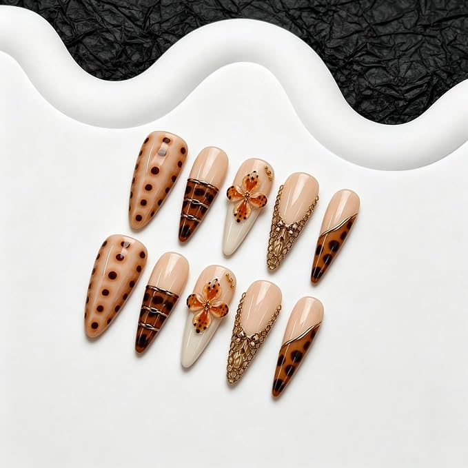 Long Stiletto Press on Nails Handmade Leopard Print Fake Nails with Luxury 3D Flower & Gold Rhinestone Design Full Cover Hand Made Thick Acrylic Stick on False Nails for Women 10Pcs (M)