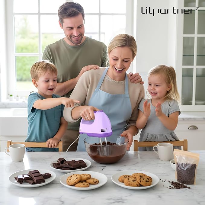 LILPARTNER Electric Hand Mixer with Storage Box, Ultra Power Kitchen Hand Mixer With 7-Speed & 5 Stainless Steel Accessories for Whipping Dough, Cream, Cake, Dishwasher Safe, PURPLE BOX