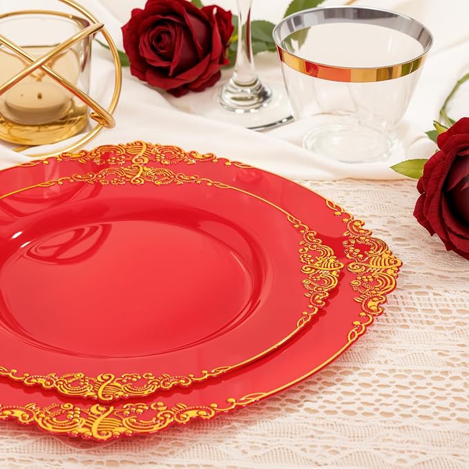 Nervure 175Pcs Red Plastic Plates, Disposable Party Plates for 25 Guests | 25 7.5" Dessert & 25 10.25" Dinner Plastic Plates, 75 Gold Cutlery, 25 9oz Cups, 25 Napkin for Wedding & Party, Heavy-duty