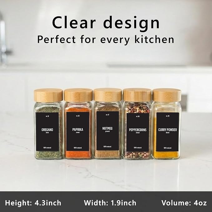 Deco haus Glass Spice Jars with Bamboo lids 24 x 4oz [LABELS incl] Spice Containers with 280 Labels, Funnel & Chalk Marker - Empty Herb Seasoning Containers, Small Seasoning Bottles for Herb