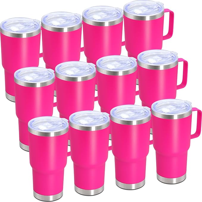 20 oz Tumbler with Handle Coffee Tumblers with Lid Travel Mug Hot Pink 12P | 20oz Tumblers with Handle Double-Wall Insulated Vacuum Coffee Mugs Stainless Steel Tumbler with Handles&Lid Hot Pink 12P