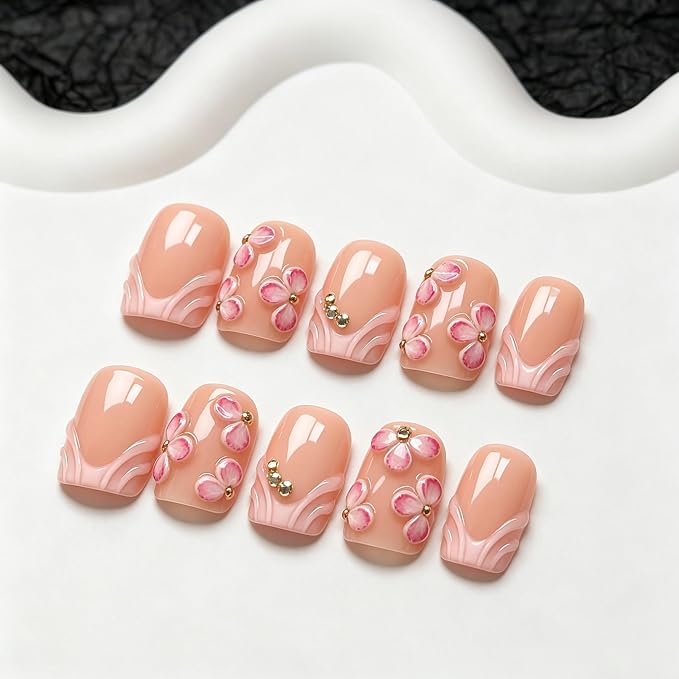 Gradient Flower Press on Nails Handmade Salon Quality Fake Nails with Colorful Rhinestone Designs Full Cover Romantic Short Square Stick on Nail Pink French Tip Acrylic Nails for Women (M)