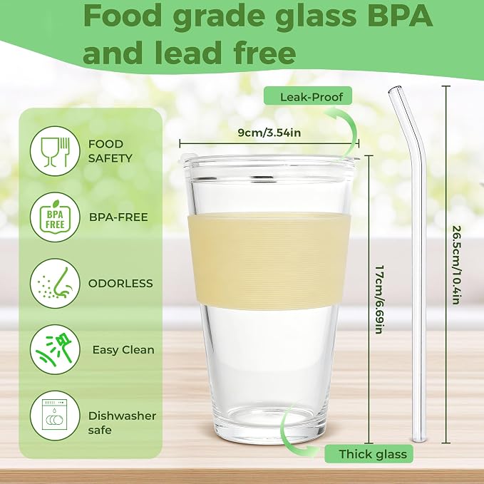 Birity 16oz Glass Cups with Lids and Straws,Glass tumbler With Straw and Lid-Reusable Iced Coffee Cups for Tea, Juice, Smoothies, Mason Jar Drinking Cup for Hot/Cold Drinks at Home,Office,Travel