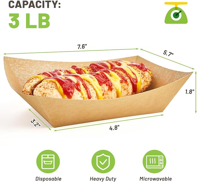 ZORRITA Paper Food Trays, 3 Lb, 50 Pack | Disposable, Kraft Paper, Nacho Trays, Food Boats, Taco Holders, Party Serving Baskets, For Hot Dogs Snacks Tacos Fries