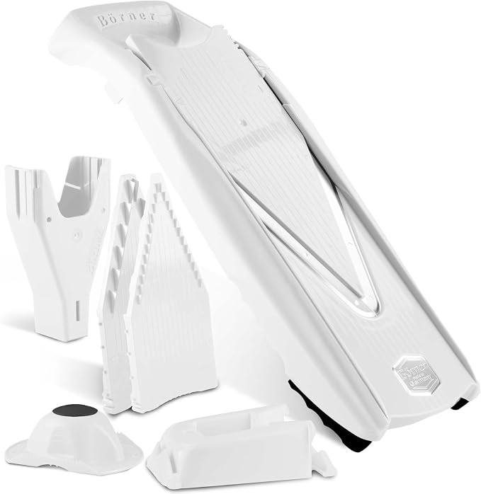 Mandoline Food Slicer Börner V5 (Profi Set) by Reston Lloyd • V-Slicer with 4 Inserts, Docking Station & Food Holder • Made in Germany • Fruit & Vegetable Chopper • Multiple Settings • Color: White