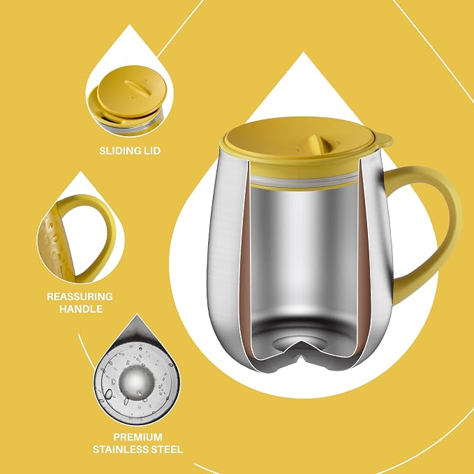 Ideus 16 oz Insulated Coffee Mug with Handle and Lid, Double Wall Stainless Steel Vacuum Thermal Coffee Mug, Travel Coffee Cup Thermal Cup for Home and Office, Leopard Yellow