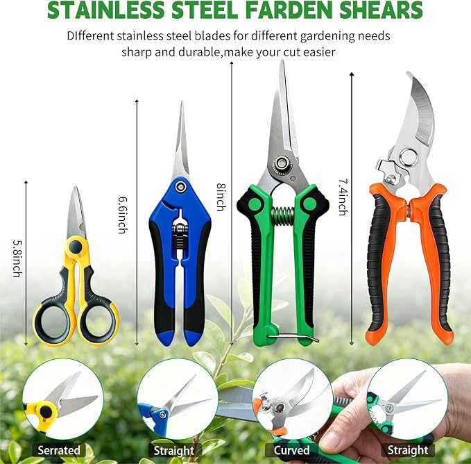 HoMaNa 4 Pack Garden Shears Pruning Set, Stainless Steel Multi-Blade | Sharp stainless steel blades with safety lock, spring ergonomic grips reduce hand strain, for flowers, bonsai garden