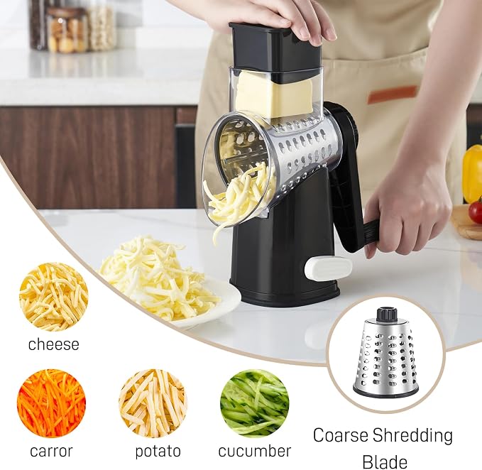Weltonhm 4 in 1 Large Rotary Cheese Grater Hand Crank (Black 4 Graters) | Cheese Shredder Rotary and Slicer with 4 Stainless Steel Blades for Vegetables, Veggie and Cheese, Stronger Suction Base