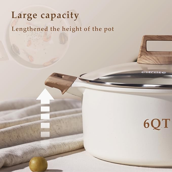 CAROTE Nonstick Stock Pot with Lid, 6 Quart White Granite | Kitchen Cooker Compatible with All Stoves, Dishwasher Safe, Cookware for Boiling, Simmer, PFOA Free