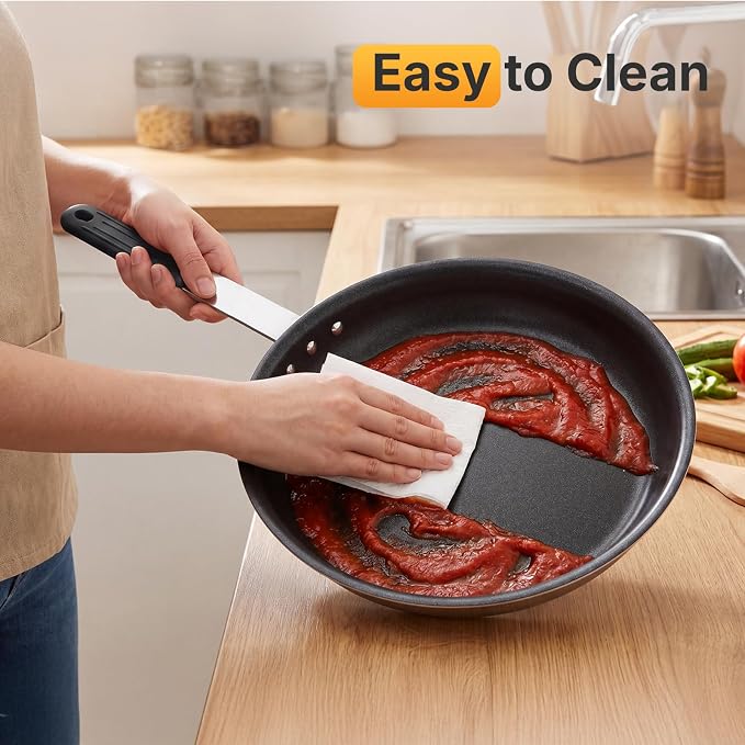 NEWBULIG Nonstick Frying Pan, 14" Heavy-Gauge Aluminum Skillet with Ceramic Nonstick Coating & Stainless Steel Base for Induction, Electric, Gas, Oven Safe, Black Hanging Handle | Aluminum body even heating, steel handle silicone grip, oven safe 392°F ...