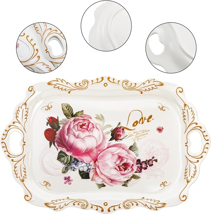 3-Pack Melamine Serving Tray, Stackable Food Tray with Handles for Eating, Unbreakable Large Serving Platter with Floral Print for Gift, Party, Decor, Home, Restaurant, 16"L x 11"W, Rectangle