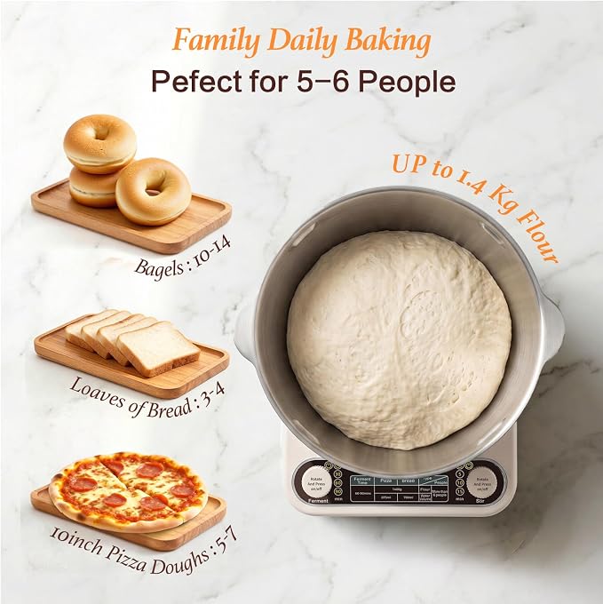 5.3QT Dough Kneader Machine with Timer & Fermentation, Electric Dough Mixer for Bread, Pizza, Pasta & Sourdough, Up to 1.4kg Dough Maker for Home Baking Hands-Free Kneading Machine, 304 Bowl