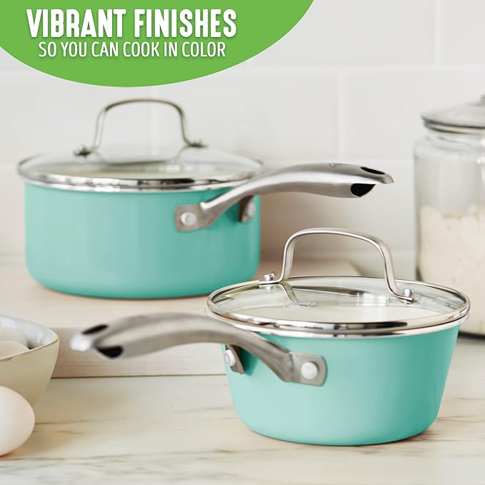 GreenLife Artisan Healthy Ceramic Nonstick, 1QT and 2QT Saucepan Pot Set with Lids, Stainless Steel Handle, Induction, PFAS-Free, Dishwasher Safe, Oven Safe, Turquoise