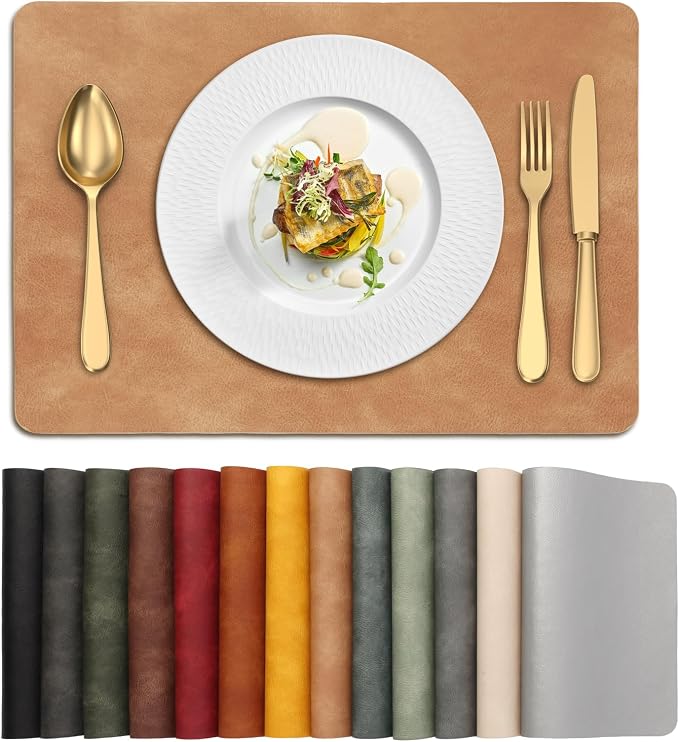 UnivoColors Placemats,Heat Resistant Placemats Set of 8 Washable 12 x 17 Inch,Waterproof Table Mats,Wipeable Pu Place Mats for Kitchen,Dining Room.Camel