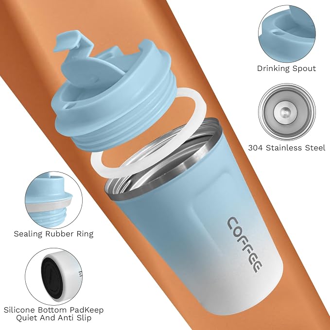 SPLMIFA Travel Coffee Mugs Leak-Proof, Reusable Coffee Cups with Lids, Stainless Steel Vacuum Insulated Coffee Tumblers, Thermal Insulation Cup for Men & Women Hot & Cold Drinks(2nd-Blue White, 12OZ)