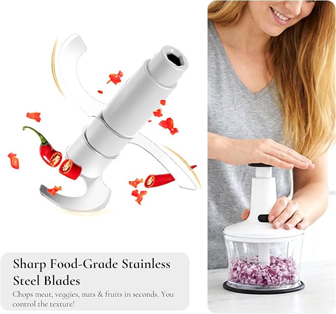 Manual Hand Push Food Chopper, Vegetable Dicer Mincer with Container, Egg Whisk & Salad Spinner for Salsa, Salad, Pesto, Hummus