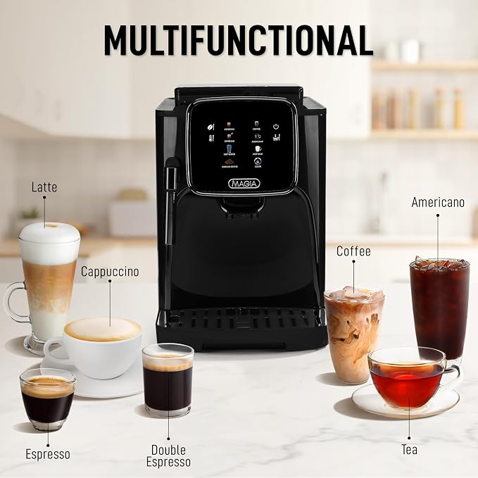 Zulay Kitchen Magia Clasica Automatic Espresso Machine with Built-In Grinder, Touch Panel Coffee Maker, Steam Wand Milk Frother, Adjustable Strength, Self-Cleaning, Black (13" x 17.7" x 9.4")