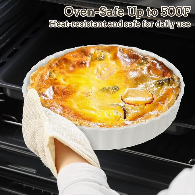 LemonRoad 9 Inch Ceramic Pie Pan with Wood Stand, Deep Fluted Dish | Quiche Dish for Tart Pot Pie, Wooden Stand for Serving, Oven Safe for Creme Brulee Cheesecake, Fluted Ceramic Baking Pan