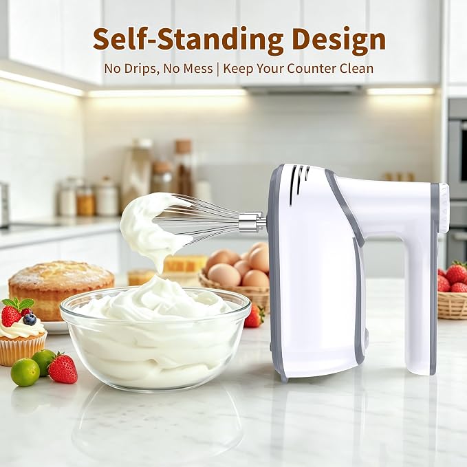 binROC Cordless Electric Hand Mixer, 12-Speed with Storage Case, White | Rechargeable, Eject Button, LED, Self-Stand, 6×304 Stainless Attachment, Overheat Protection, Quiet for Baking Dough Cake Egg