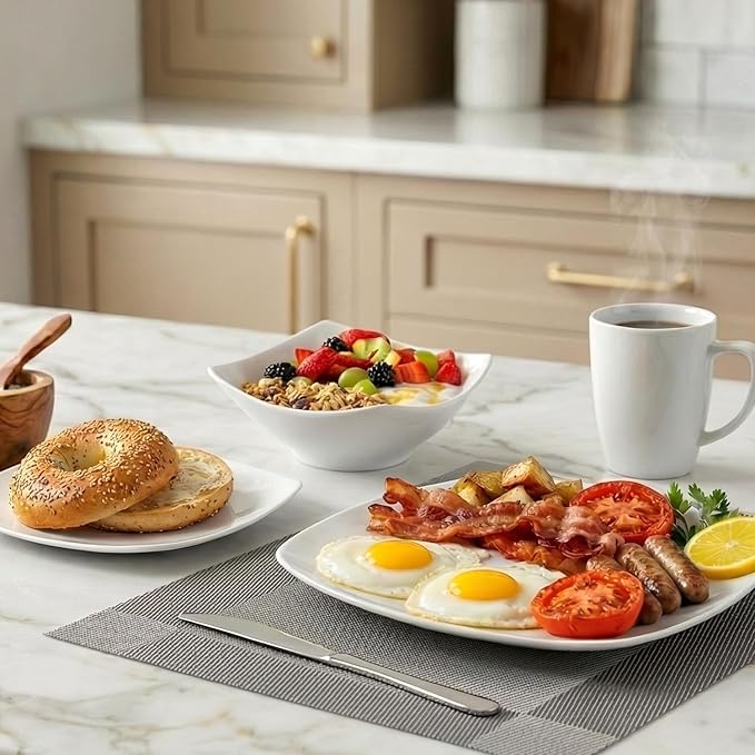Zulay Kitchen Luna Plates and Bowls Sets, 16 Piece Modern Porcelain Dish Set for 4, Chip and Scratch Resistant Square Dinnerware Set, Microwave and Dishwasher Safe, Pearl White