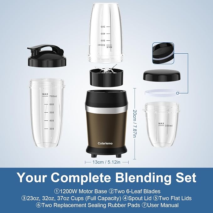 Colarlemo 1200W Smoothie Blender, Personal Kitchen Blender, Ice Crushing | 25000 RPM, Dishwasher Safe, 12Pcs, 6-Leaf Blade×2, 3 Cup Sizes, Smoothie Maker Grinder Frozen Drinks Nuts, Coffee
