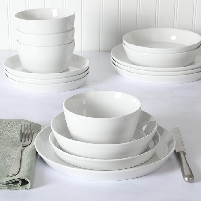 Martha Stewart Selma Chip & Scratch Resistant Dinnerware Set Service for 4 (16pcs) – White Plates and Bowls, Durable Dishwasher and Microwave Safe Dishes Set for Everyday Use