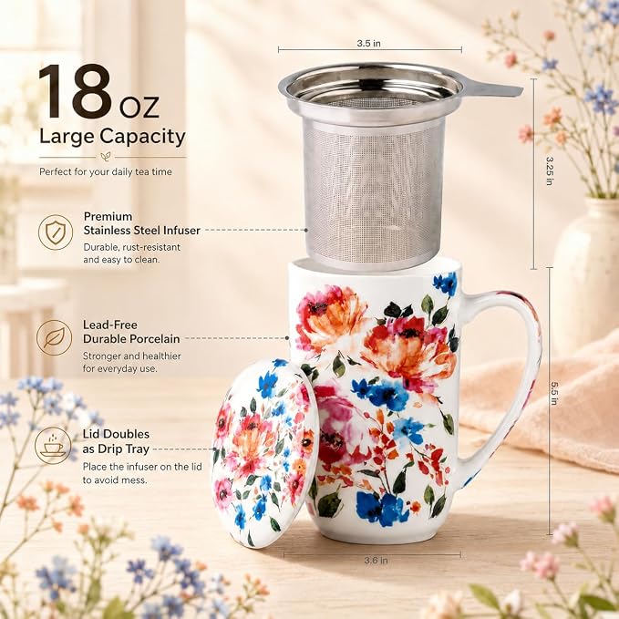 GBhome Tea Mug with Infuser and Lid,18 Ounce Ceramic Loose Leaf Cup Steeper | Lead-Free Glaze For Tea Lovers,Microwave & Dishwasher Safe with Tea Strainer