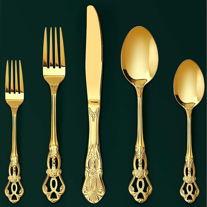 Silverware Set, 30 Pieces Retro Royal Silverware Set for 6, Anti-rust Stainless Steel Flatware Set Including Fork Spoon and Knife, Dishwasher Safe, Gold