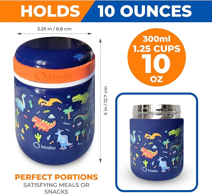 kinsho kids Bento Lunch Box Set with Thermo, Bag & Ice Pack, Blue Dinosaur | 5 Compartments, Removable Tray, Small Meal Snack Container for Boys Toddlers, Daycare Pre-School Kindergarten, Steel Food Jar